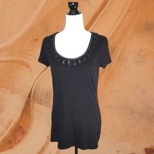 Rachel Adams Black Stretchy Top With Beaded Collar